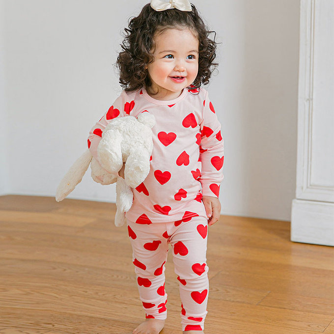 韓國原廠進口 Cordi- I  無螢光劑、100%純棉、30支紗幼童/小童家居服/睡衣_粉色愛心_CI006