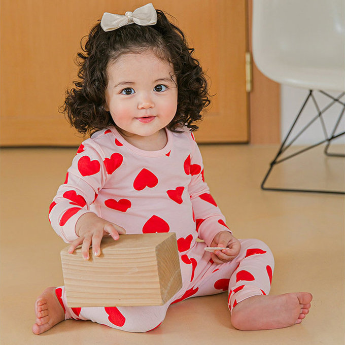 韓國原廠進口 Cordi- I  無螢光劑、100%純棉、30支紗幼童/小童家居服/睡衣_粉色愛心_CI006