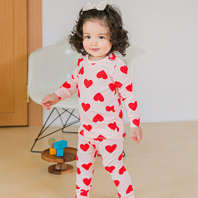 韓國原廠進口 Cordi- I  無螢光劑、100%純棉、30支紗幼童/小童家居服/睡衣_粉色愛心_CI006