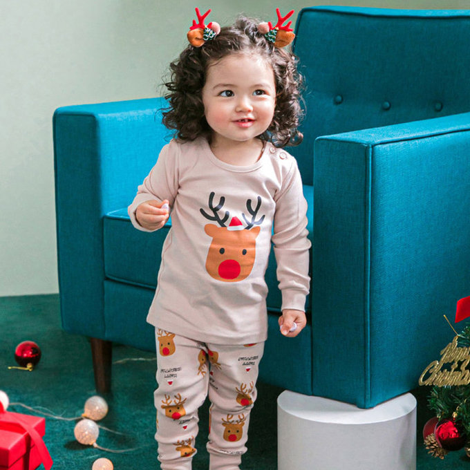 韓國原廠進口 Cordi- I  無螢光劑、100%純棉、30支紗幼童/小童家居服/睡衣_紅鼻麋鹿_CI014