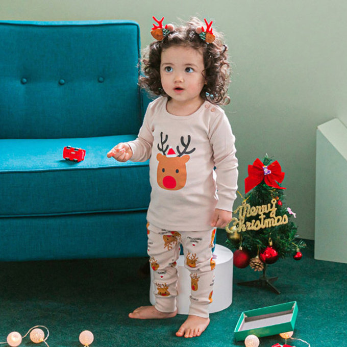 韓國原廠進口 Cordi- I  無螢光劑、100%純棉、30支紗幼童/小童家居服/睡衣_紅鼻麋鹿_CI014