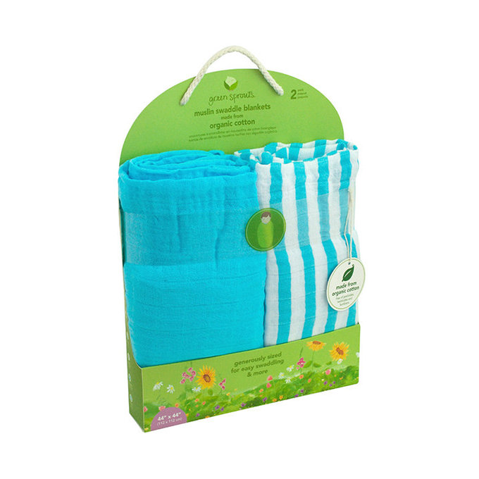 美國 green sprouts 小綠芽 有機棉細紗布浴巾/包巾/小被子/拍嗝巾 2入組_水藍組_GS334190-2