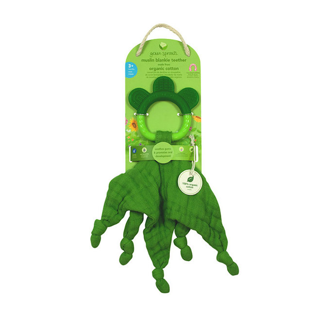 美國 green sprouts 小綠芽 固齒器與100%有機棉細紗布安撫巾 二合一_草綠_GS221040-2