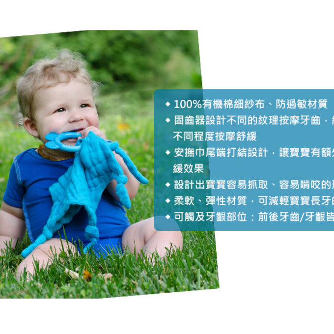 美國 green sprouts 小綠芽 固齒器與100%有機棉細紗布安撫巾 二合一_水藍_GS221040-3