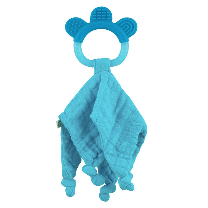 美國 green sprouts 小綠芽 固齒器與100%有機棉細紗布安撫巾 二合一_水藍_GS221040-3