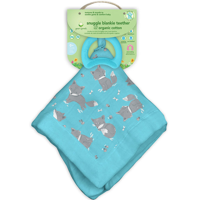 美國 green sprouts 小綠芽 雙層吸水 100%有機棉細紗布之【安撫巾與食品安全等級固齒器】_小狐狸 _GS385364-AF