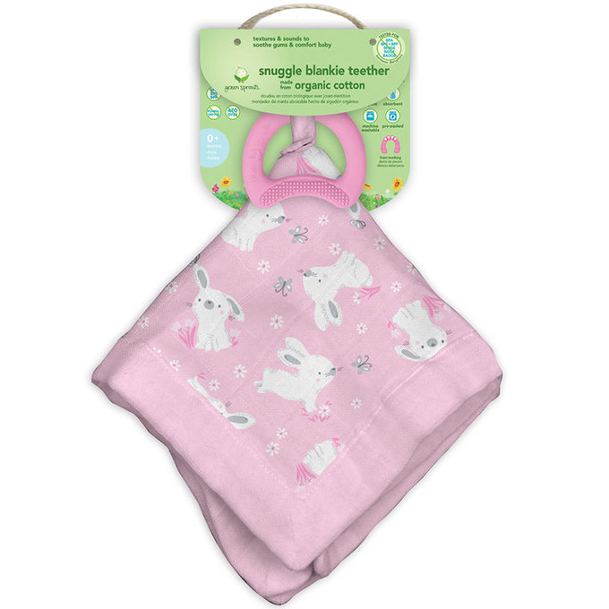 美國 green sprouts 小綠芽 雙層吸水 100%有機棉細紗布之【安撫巾與食品安全等級固齒器】_兔寶寶 _GS385364-PB