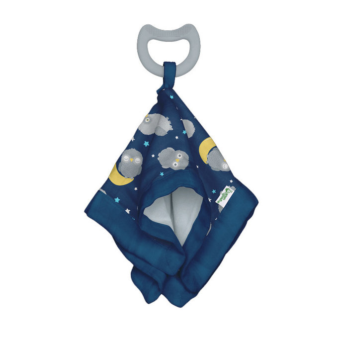 美國 green sprouts 小綠芽 雙層吸水 100%有機棉細紗布之【安撫巾與食品安全等級固齒器】_月亮&星星_GS385364-BO