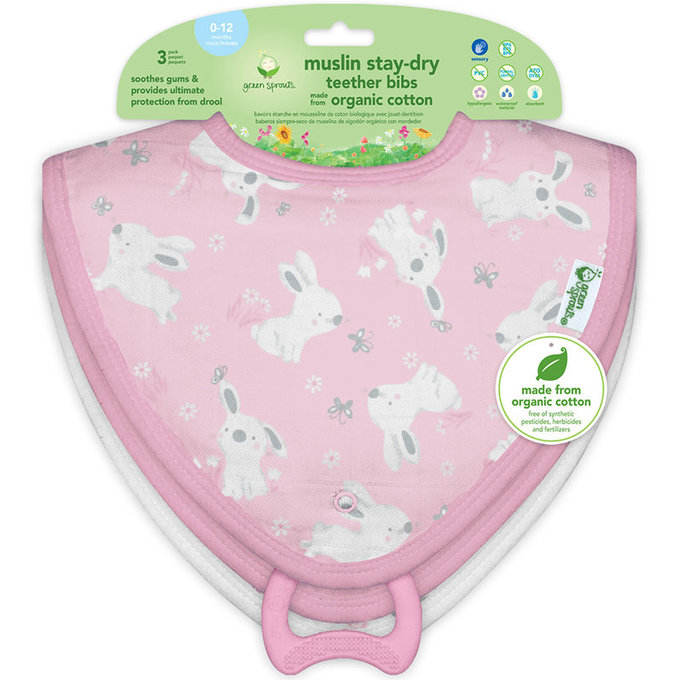 美國 green sprouts 小綠芽 四層超吸水100%有機棉細紗布之【口水巾圍兜/咬咬兜】3入組_兔子蝴蝶(粉)_GS222903-PB
