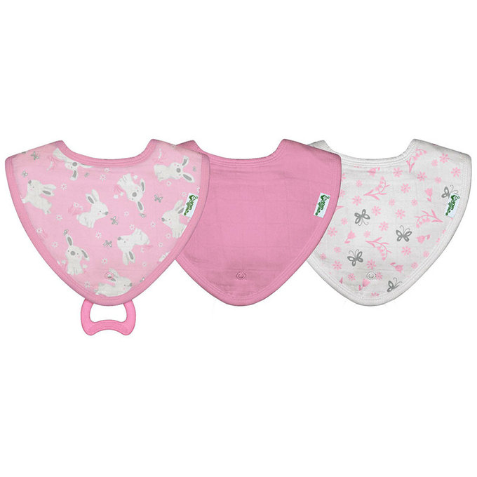 美國 green sprouts 小綠芽 四層超吸水100%有機棉細紗布之【口水巾圍兜/咬咬兜】3入組_兔子蝴蝶(粉)_GS222903-PB