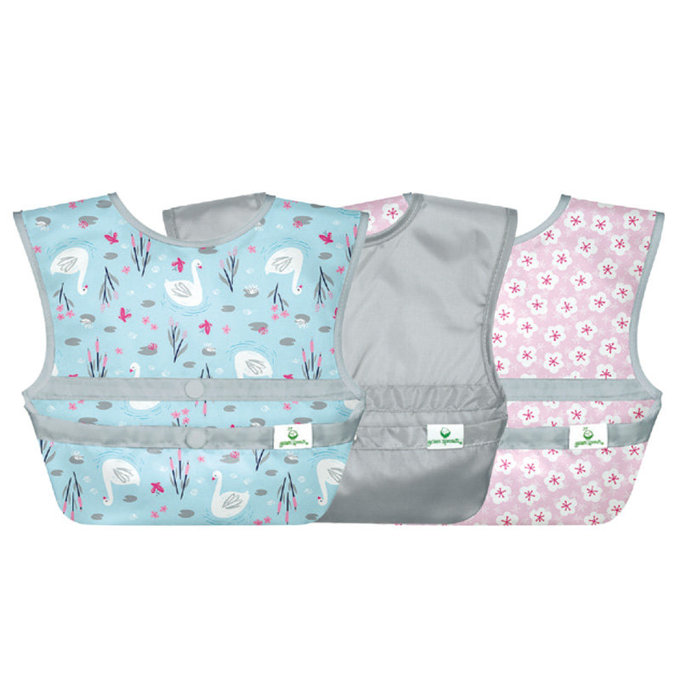 美國 green sprouts 小綠芽 魔鬼氈雙面防水/防食物掉落圍兜/【吃飯圍兜】三入組_天鵝&花_GS101247-AS