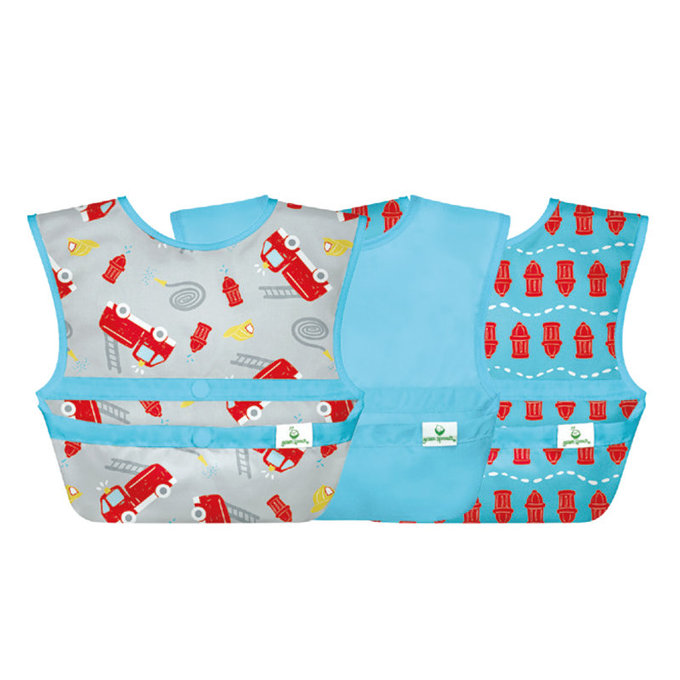美國 green sprouts 小綠芽 魔鬼氈雙面防水/防食物掉落圍兜/【吃飯圍兜】三入組_消防車_ GS101247-GF