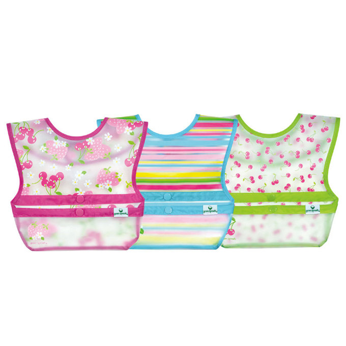 美國 green sprouts 小綠芽 魔鬼氈雙面防水/防食物掉落圍兜/【吃飯圍兜】三入組_粉紅藍莓_GS101248-PB