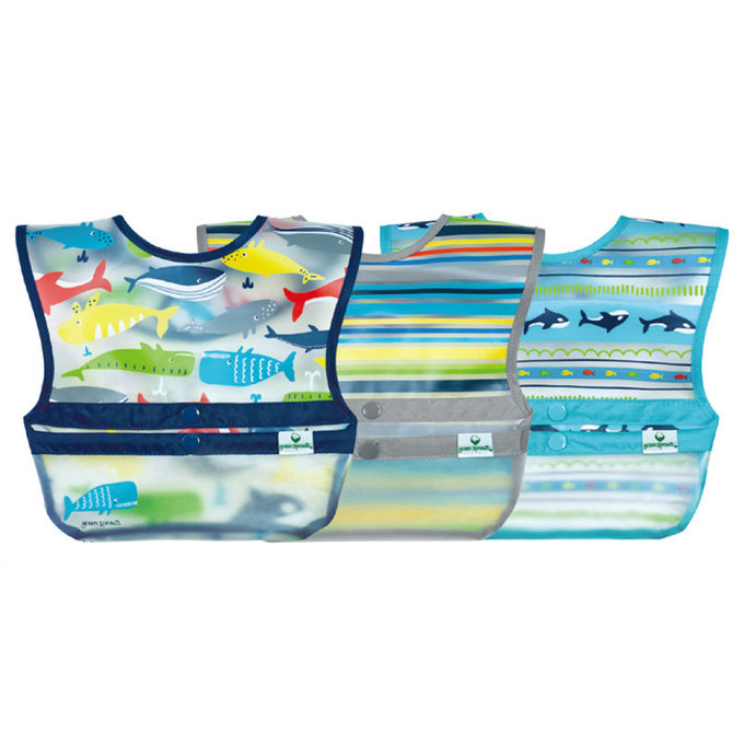 美國 green sprouts 小綠芽 魔鬼氈雙面防水/防食物掉落圍兜/【吃飯圍兜】三入組_鯨魚_ GS101248-BW