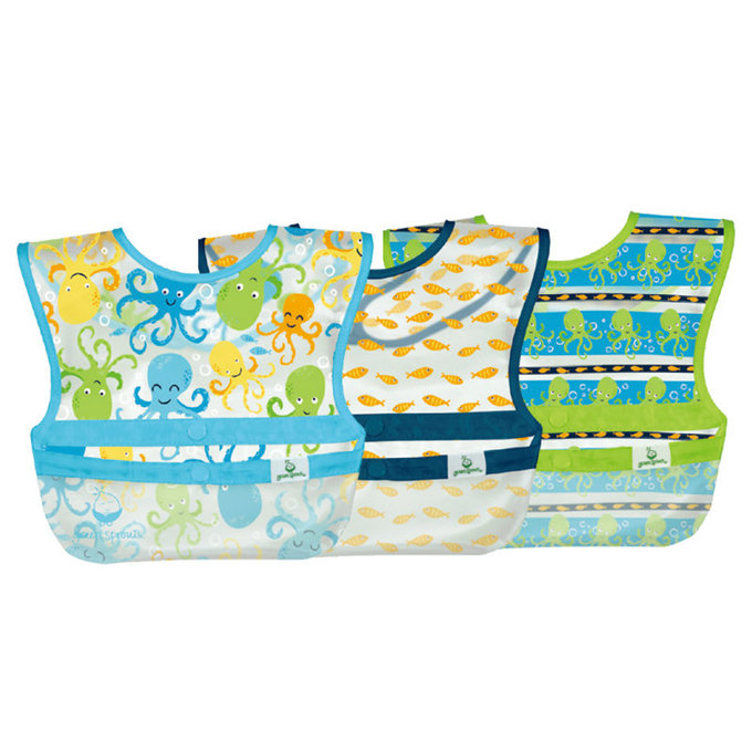 美國 green sprouts 小綠芽 魔鬼氈雙面防水/防食物掉落圍兜/【吃飯圍兜】三入組_頑皮章魚_ GS101248-AO