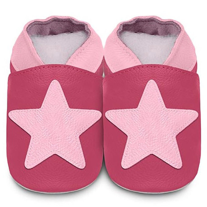 英國 shooshoos 安全無毒真皮手工鞋/學步鞋/嬰兒鞋/室內鞋/室內保暖鞋_桃紅大星星(公司貨)
