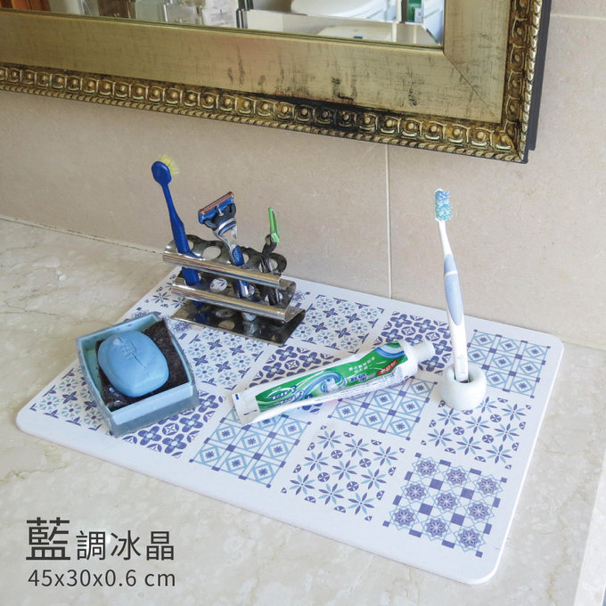 【森呼吸矽藻土】花磚印象日本製超薄矽藻土吸水墊(L)-30*45 -2入組-藍調冰晶 
