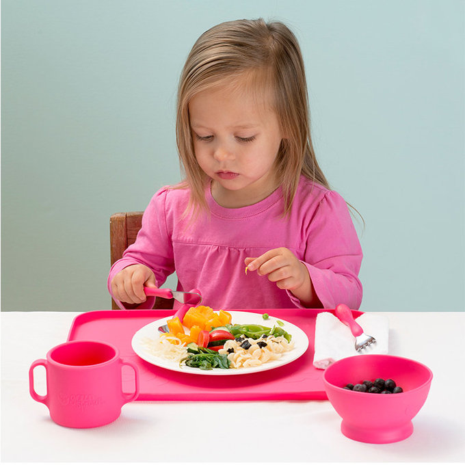 美國 green sprouts 小綠芽 超防滑寶寶學習吃飯矽膠耐熱學習餐盤/餐墊_桃紅_GS196300-1