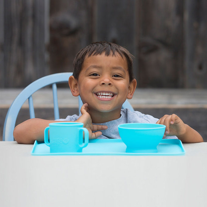 美國 green sprouts 小綠芽 超防滑寶寶學習吃飯矽膠耐熱學習碗_水藍_GS152300-2