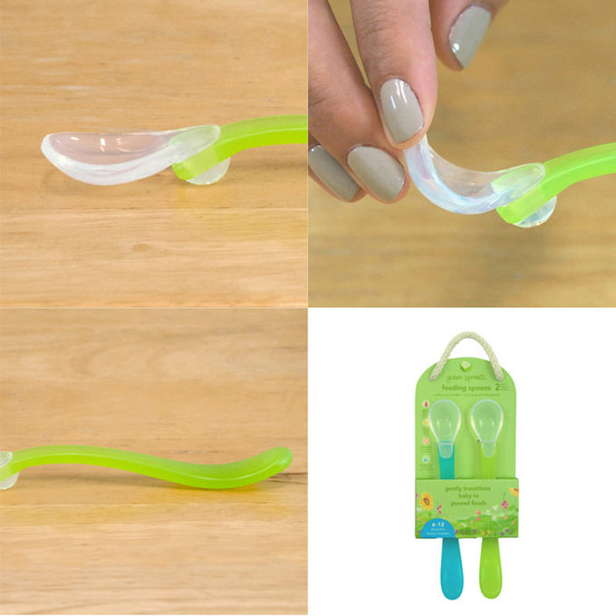 美國 green sprouts 小綠芽 寶寶學習吃飯矽膠防滑副食品湯匙2入組_桃綠色_GS172391-1