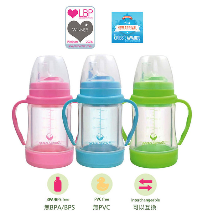 美國 green sprouts 小綠芽 外層防護無毒塑膠/內層玻璃之多用途雙層安全防護奶瓶/水瓶(118ML) _水藍色_GS124900-1