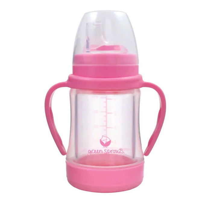 美國 green sprouts 小綠芽 外層防護無毒塑膠/內層玻璃之多用途雙層安全防護奶瓶/水瓶(118ML) _粉紅色_GS124900-2