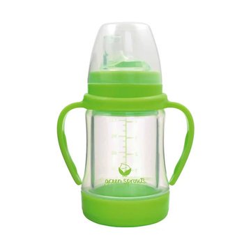 美國 green sprouts 外層防護無毒塑膠/內層玻璃之多用途雙層安全防護奶瓶/水瓶(118ML) _草綠色_GS124900-3-greensprouts,安全奶瓶,雙層設計,防護水瓶,防滑,防燙傷,無BPA/BPS,無PVC