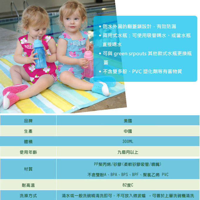 美國 green sprouts 小綠芽 兩用防漏吸管杯/水瓶杯 300ML _草綠色_GS124361-3