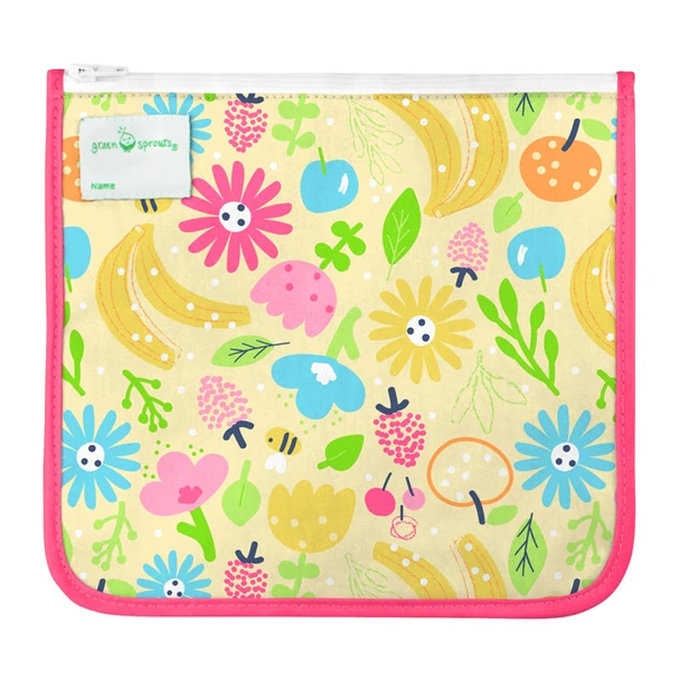 美國 green sprouts 小綠芽 可攜式、具保溫功能食物袋/零食袋與/三明治袋/小物收納袋 (可放三明治/食物/固齒器/奶嘴) 兩入組_粉黃花海_GS165373-PF