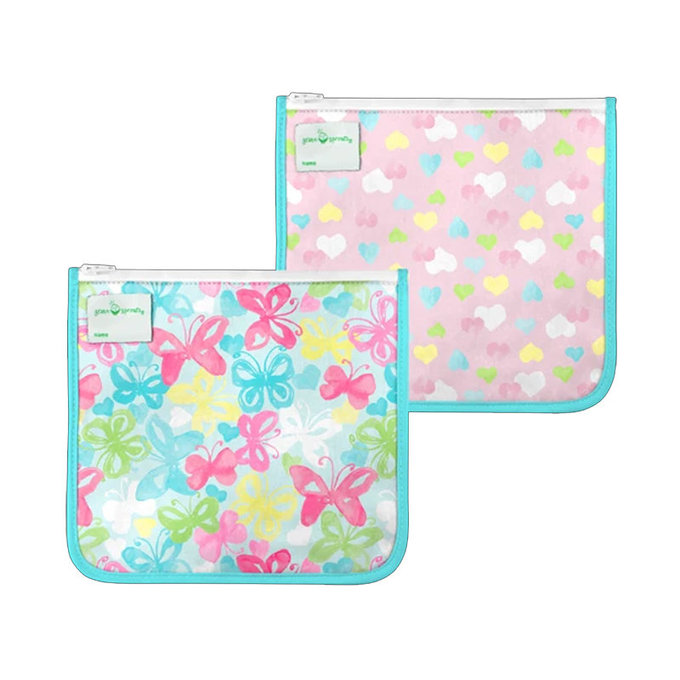 美國 green sprouts 小綠芽可攜式、具保溫功能食物袋/零食袋與/三明治袋/小物收納袋 (可放三明治/食物/固齒器/奶嘴) 兩入組_蝴蝶甜心_GS165373-AB