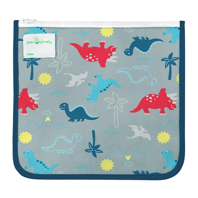 美國 green sprouts 小綠芽 可攜式、具保溫功能食物袋/零食袋與/三明治袋/小物收納袋 (可放三明治/食物/固齒器/奶嘴) 兩入組_汪汪與恐龍_GS165373-AD