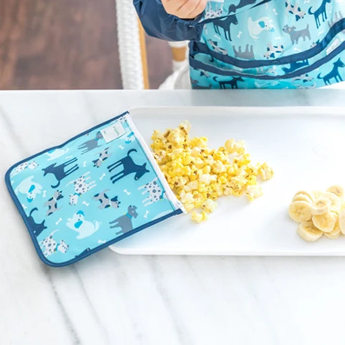 美國 green sprouts 小綠芽 可攜式、具保溫功能食物袋/零食袋與/三明治袋/小物收納袋 (可放三明治/食物/固齒器/奶嘴) 兩入組_汪汪與恐龍_GS165373-AD