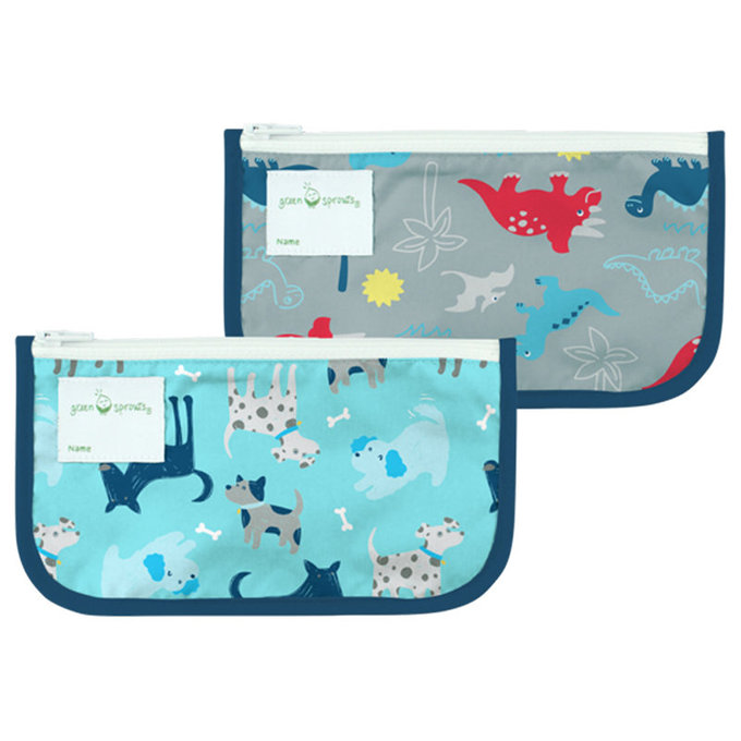 美國 green sprouts 小綠芽 可攜式零食袋、食物袋與小物收納袋(可攜帶固齒器/奶嘴) 兩入組_汪汪與恐龍_GS165374-AD