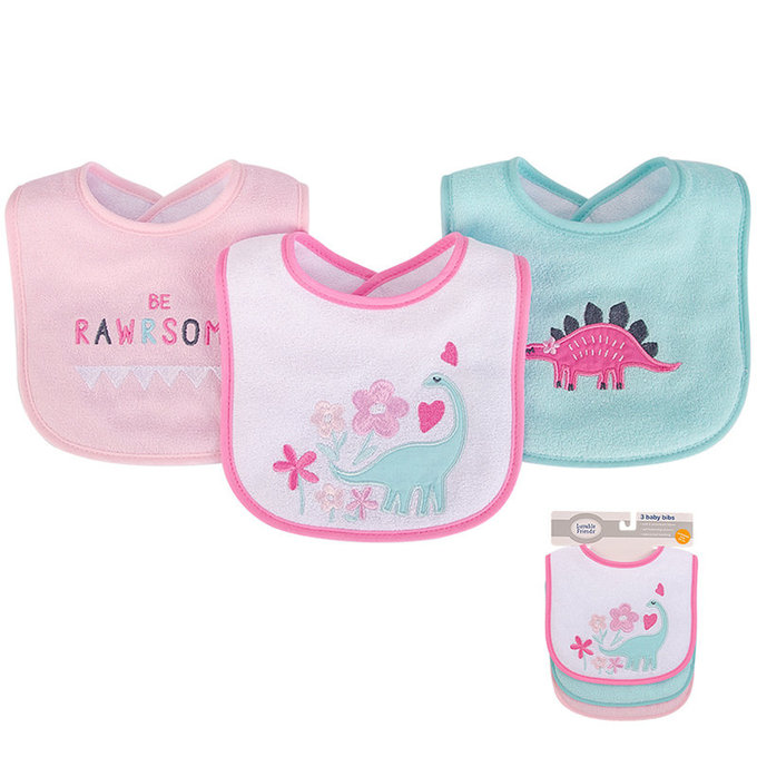 美國 luvable friends 甜蜜寶貝  嬰幼兒雙層吸水口水巾圍兜3入組_恐龍甜心(LF01794)