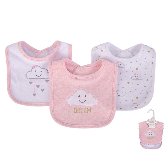 美國 luvable friends 甜蜜寶貝  嬰幼兒吸水口水巾圍兜3入組_粉愛心雲朵(LF56029)