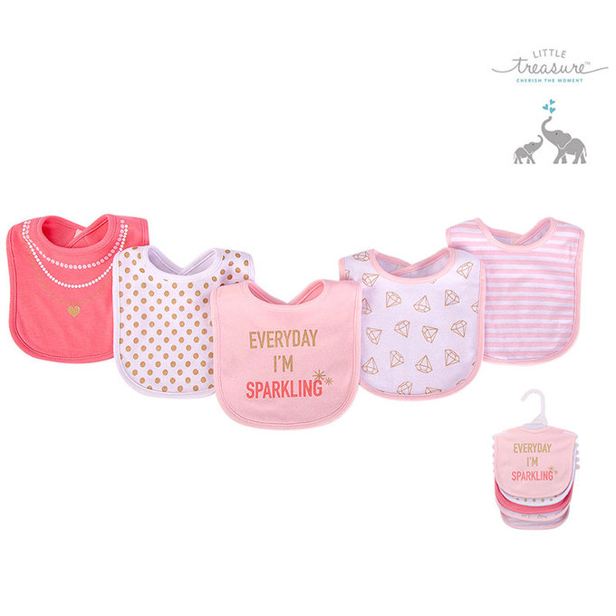 美國 luvable friends 甜蜜寶貝  100%純棉嬰幼兒雙層吸水口水巾圍兜5入組_閃耀鑽石(LF75516)