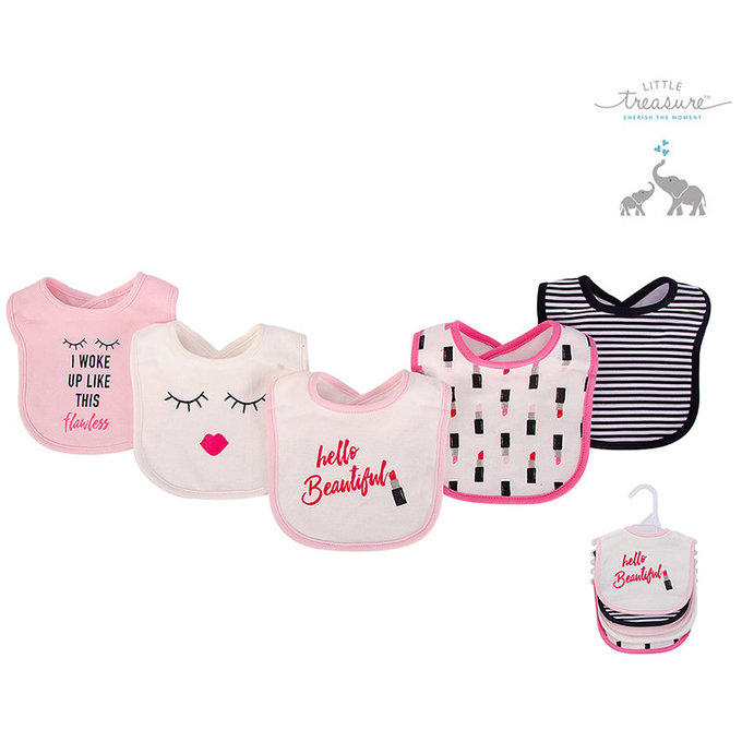 美國 luvable friends 甜蜜寶貝  100%純棉嬰幼兒雙層吸水口水巾圍兜5入組_漂亮口紅(LF75517)