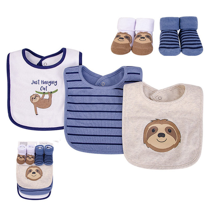 美國 luvable friends 甜蜜寶貝  嬰幼兒吸水口水巾圍兜與短襪組_藍色樹懶(LF17590)