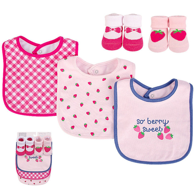美國 luvable friends 甜蜜寶貝  嬰幼兒吸水口水巾圍兜與短襪組_草莓甜心(LF17608)