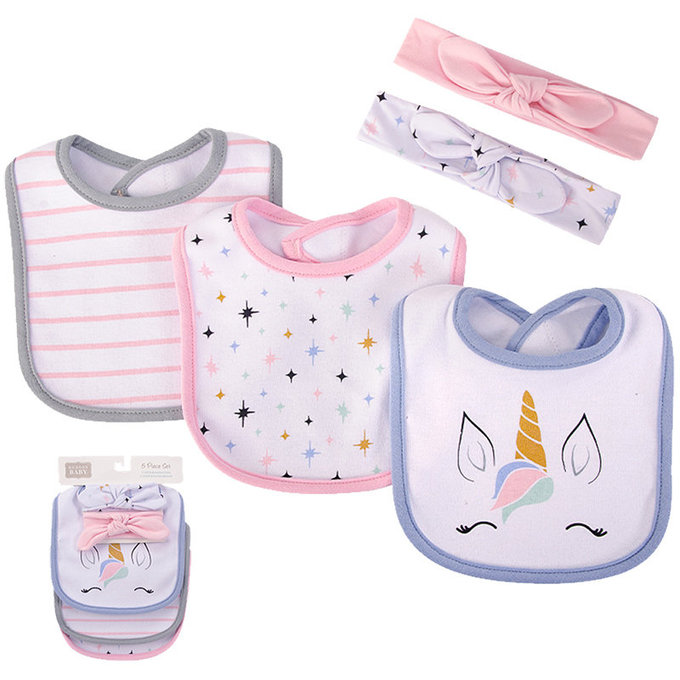 美國 luvable friends 甜蜜寶貝  嬰幼兒吸水口水巾圍兜與髮帶組_粉紫獨角獸(LF56229)