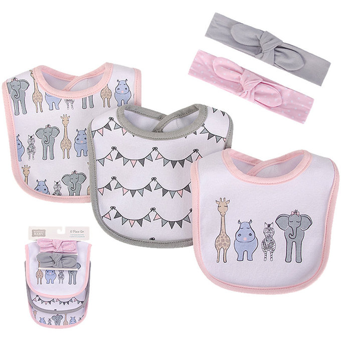 美國 luvable friends 甜蜜寶貝  嬰幼兒吸水口水巾圍兜與髮帶組_童趣動物園(LF56231)