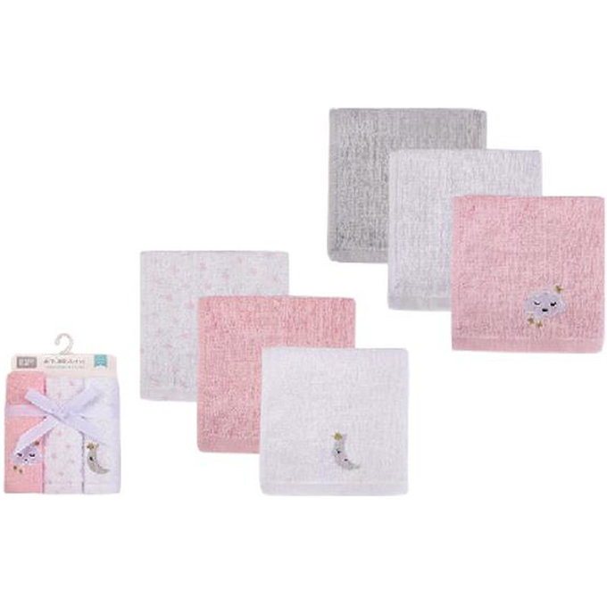 美國 luvable friends 甜蜜寶貝 多功能嬰幼兒100%純棉小方巾/洗澡巾/擦嘴巾6入組(25*25cm)_粉色星夢(LF57857)