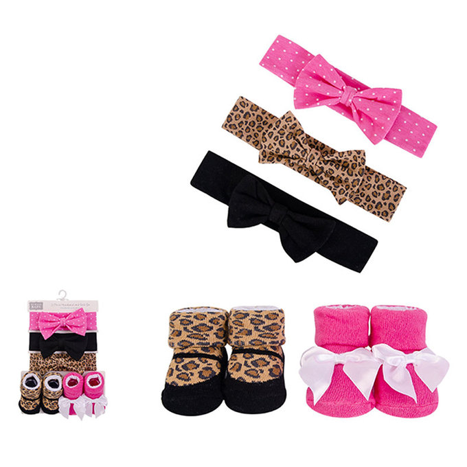 美國 luvable friends 甜蜜寶貝  嬰幼兒新生兒髮帶3入組+襪子2入組_狂野豹紋(LF54158)