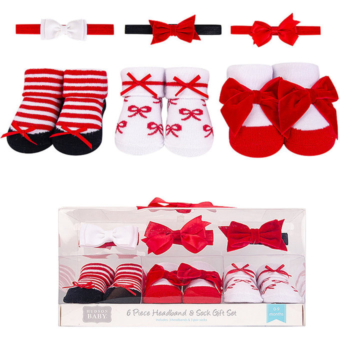 美國 luvable friends 甜蜜寶貝  3入嬰幼兒髮飾+3入嬰兒襪/寶寶襪/初生襪禮盒組_紅色蝴蝶結(LF56805)