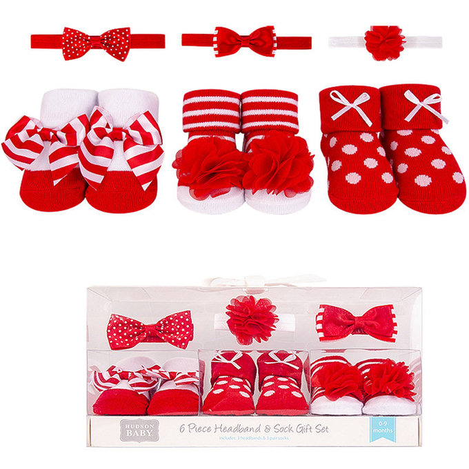 美國 luvable friends 甜蜜寶貝  3入嬰幼兒髮飾+3入嬰兒襪/寶寶襪/初生襪禮盒組_條紋點點(LF56808)