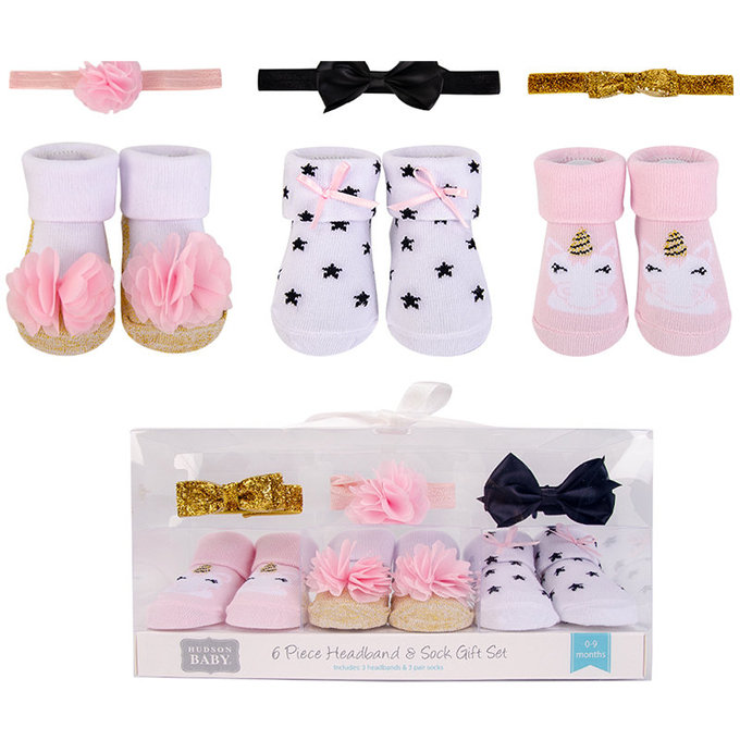 美國 luvable friends 甜蜜寶貝  3入嬰幼兒髮飾+3入嬰兒襪/寶寶襪/初生襪禮盒組_繁星點點(LF58256)