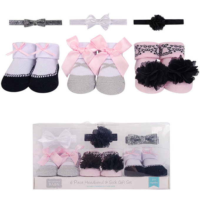 美國 luvable friends 甜蜜寶貝  3入嬰幼兒髮飾+3入嬰兒襪/寶寶襪/初生襪禮盒組_巴洛克(LF58279)