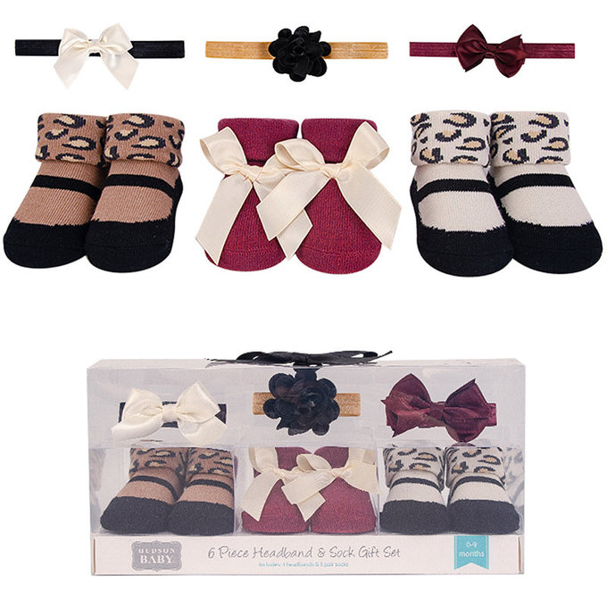 美國 luvable friends 甜蜜寶貝  3入嬰幼兒髮飾+3入嬰兒襪/寶寶襪/初生襪禮盒組_狂野豹紋(LF58280)