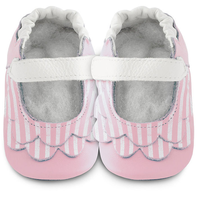 英國 shooshoos 安全無毒真皮手工鞋/學步鞋/嬰兒鞋/室內鞋/室內保暖鞋_淡粉荷葉條紋(公司貨)