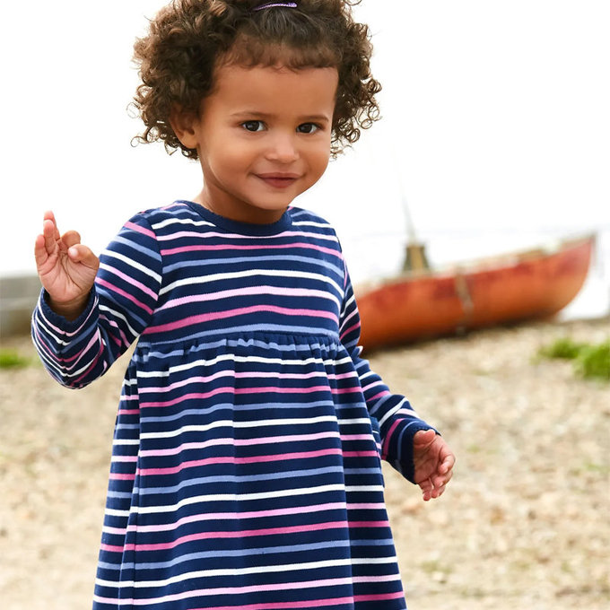 英國 JoJo Maman BeBe 嬰幼兒/兒童100％純棉長袖洋裝_柔美粉彩條紋_JJD7193